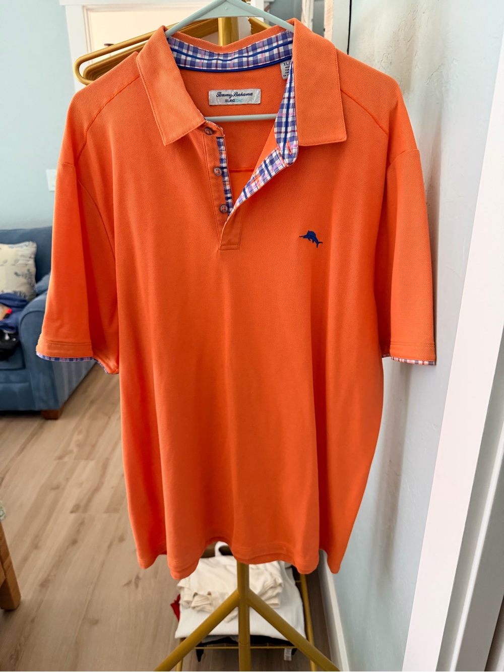 Tommy Bahama Orange Polo with Blue Plaid Trim